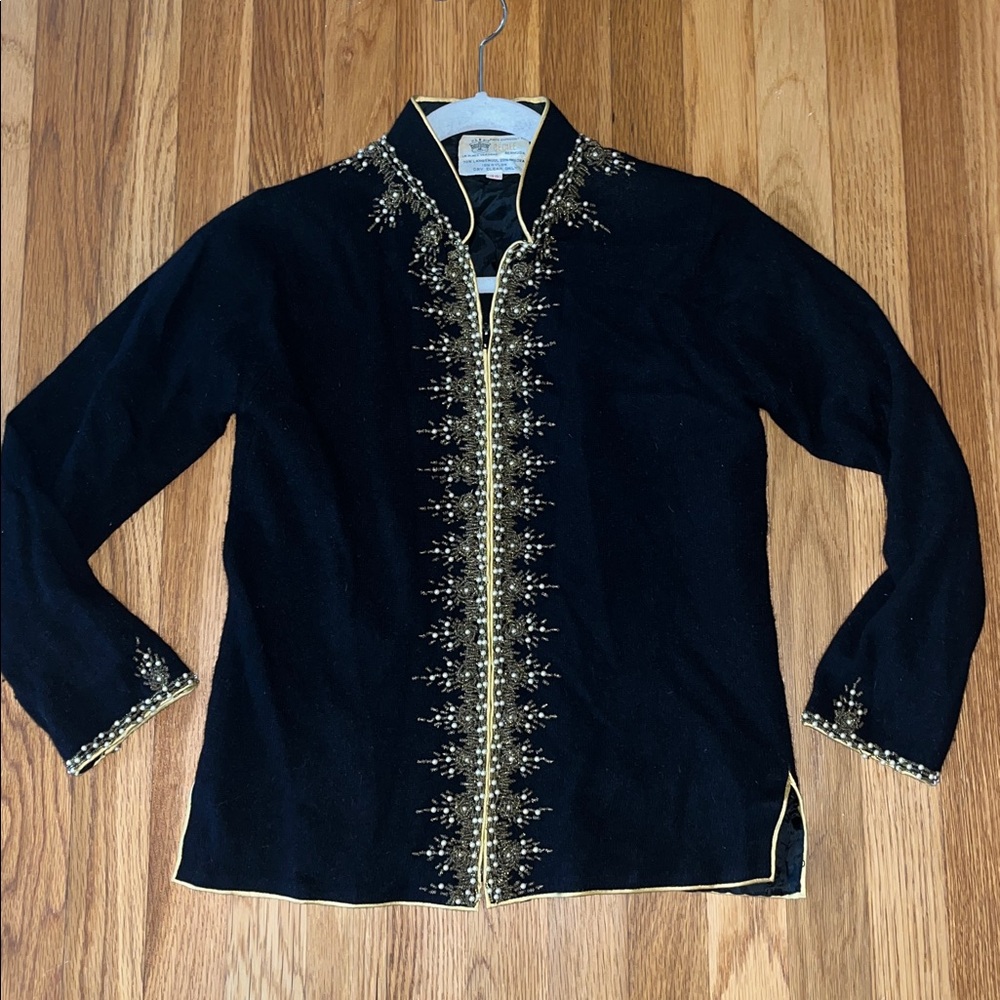 Vintage Cecile Lambswool Angora Embroidered Beaded Cardigan Sweater Size 36
